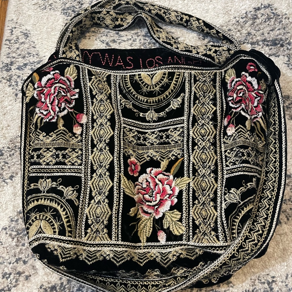 Johnny Was Black Velvet and Floral Tote bag